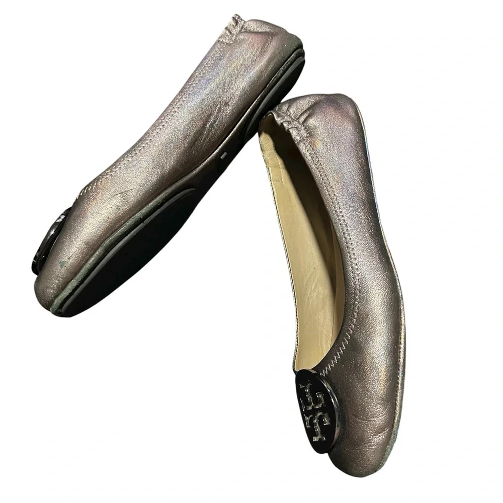 Tory Burch Gunmetal Minnie Travel Ballet Flats with Logo - Size 8